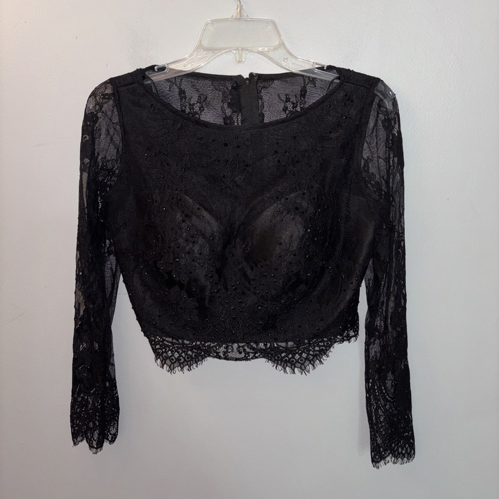 Vintage Dave & Johnny Black Lace Top Sheer Cropped Size 9/10 Whimsigoth Festival